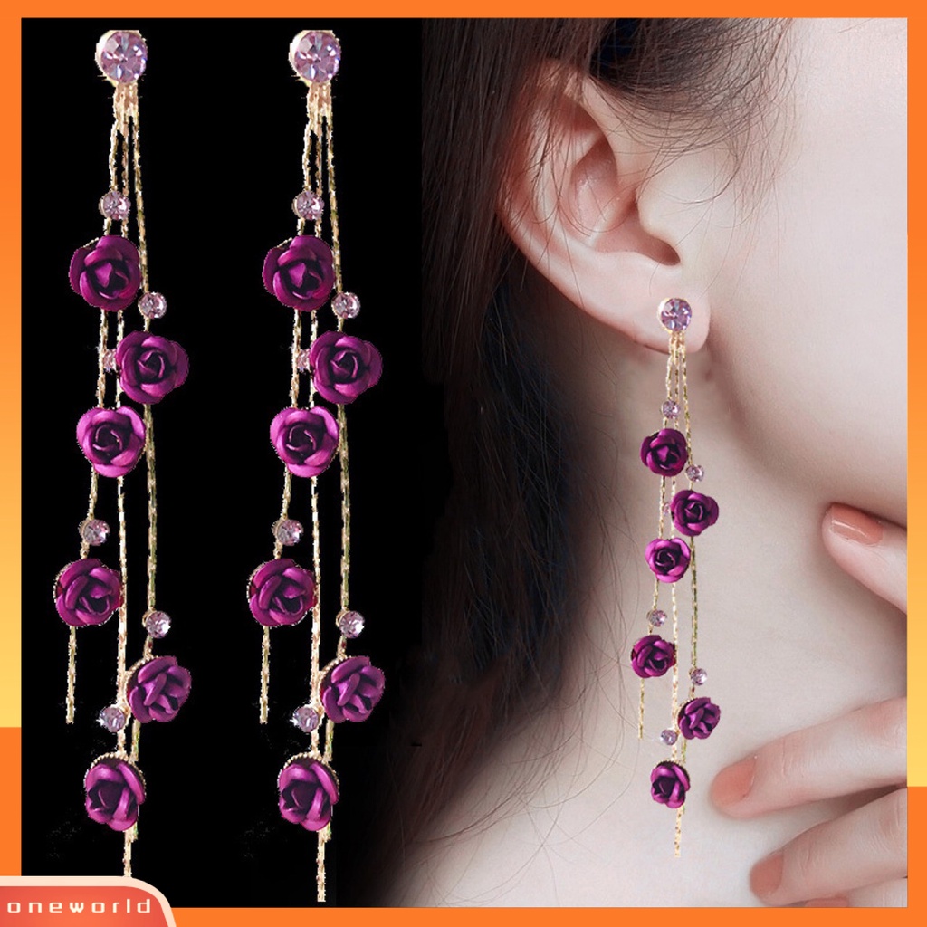 [ONE] 1pasang Anting Menjuntai Berkilau Berlian Imitasi Elegan Romantis Hypoallergenic Panjang Bunga Mawar Jumbai Stud Earrings Fashion Perhiasan
