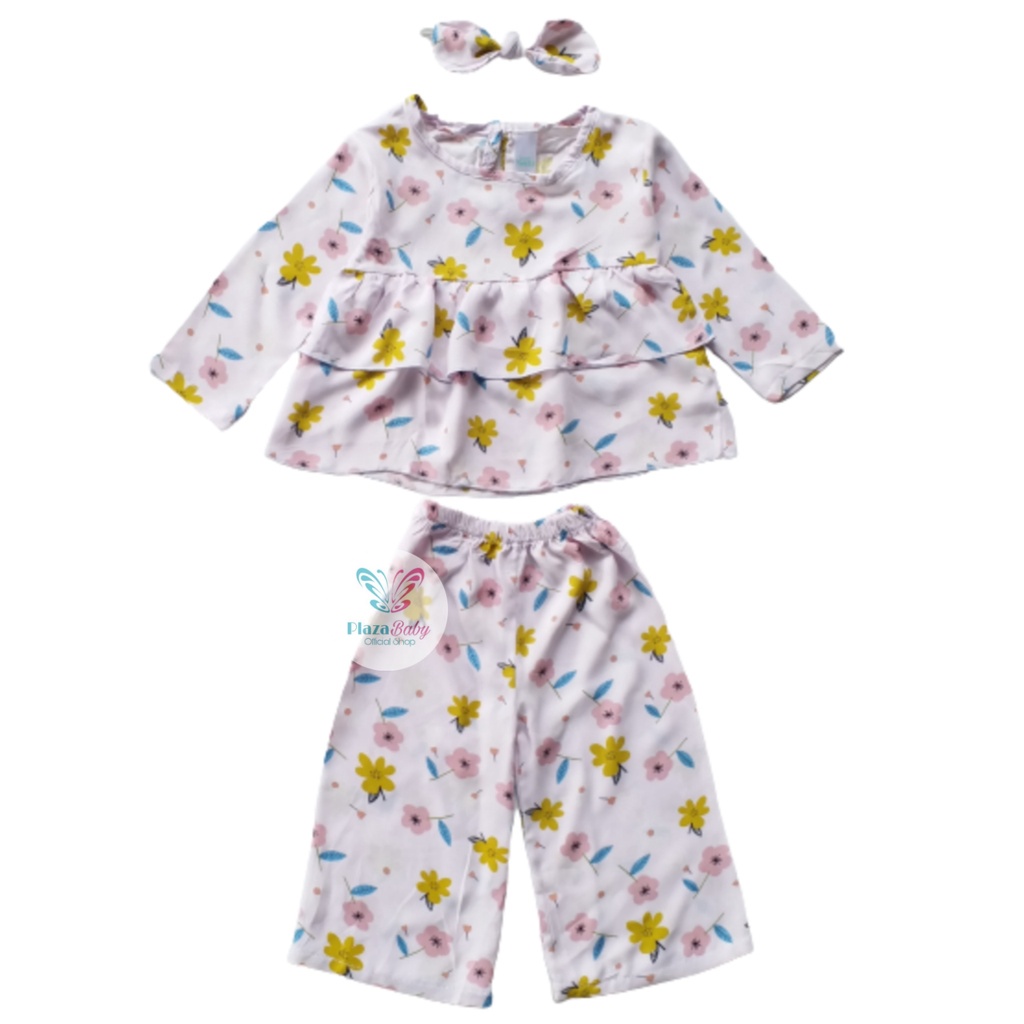 Plazababyku MX MELODY RAYON SETELAN BANDO setelan bayi motif bunga yang lucu free headband