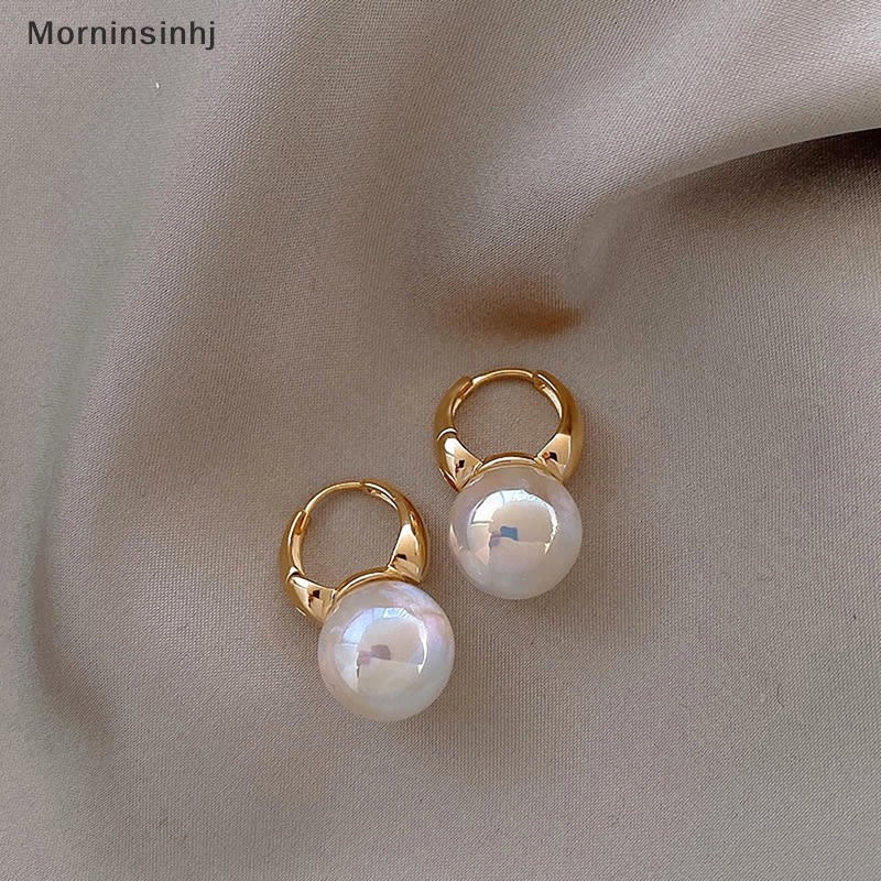 Mornin Anting Hoop Warna Emas Untuk Wanita Tebal Bulat Hoops Mutiara Beads Ear Rings Korea id