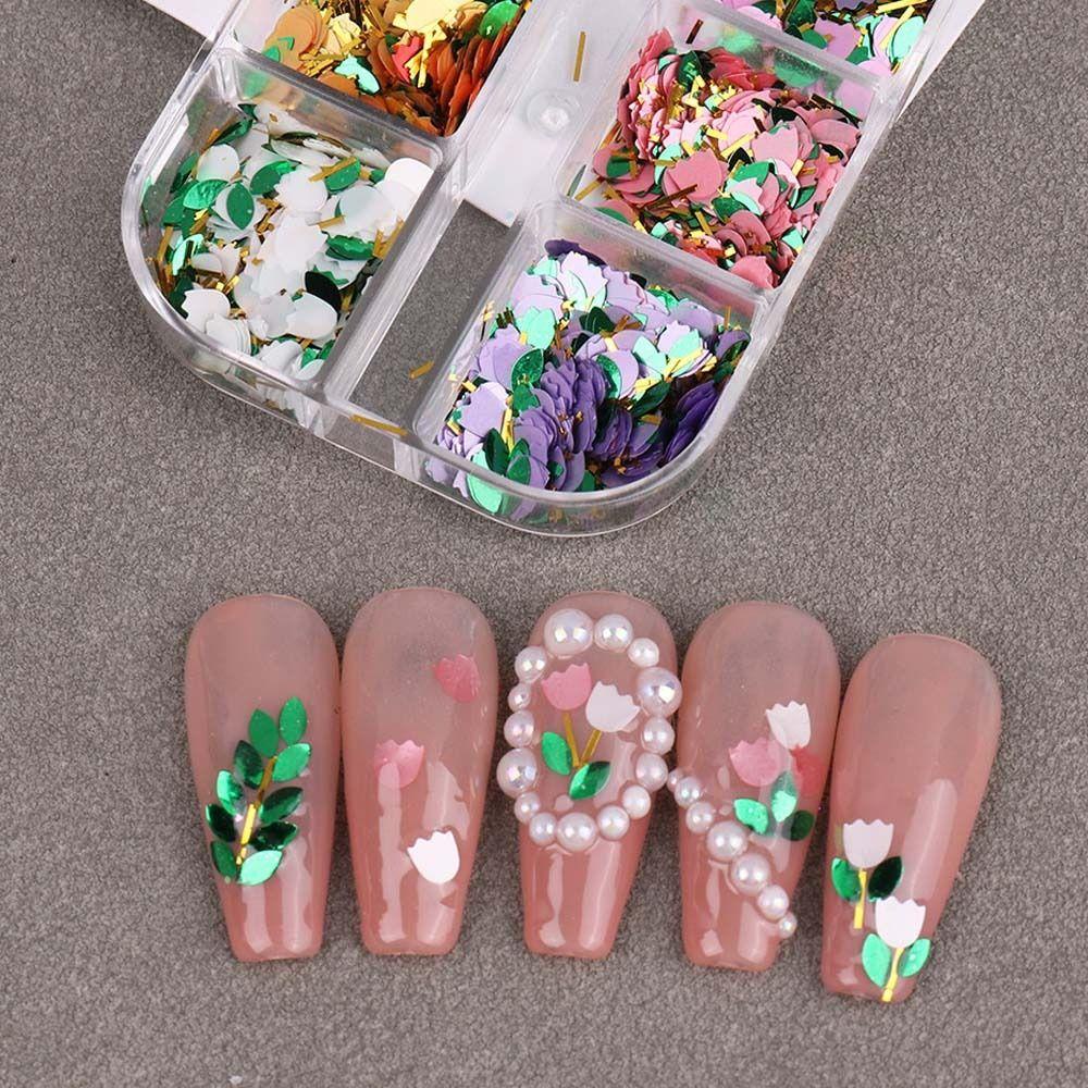Needway Bunga Kuku Payet Warna-Warni Fantasi Tulip Hiasan Bulu Mata Palsu Manikur Aksesoris Daun Bunga Nail Dekorasi