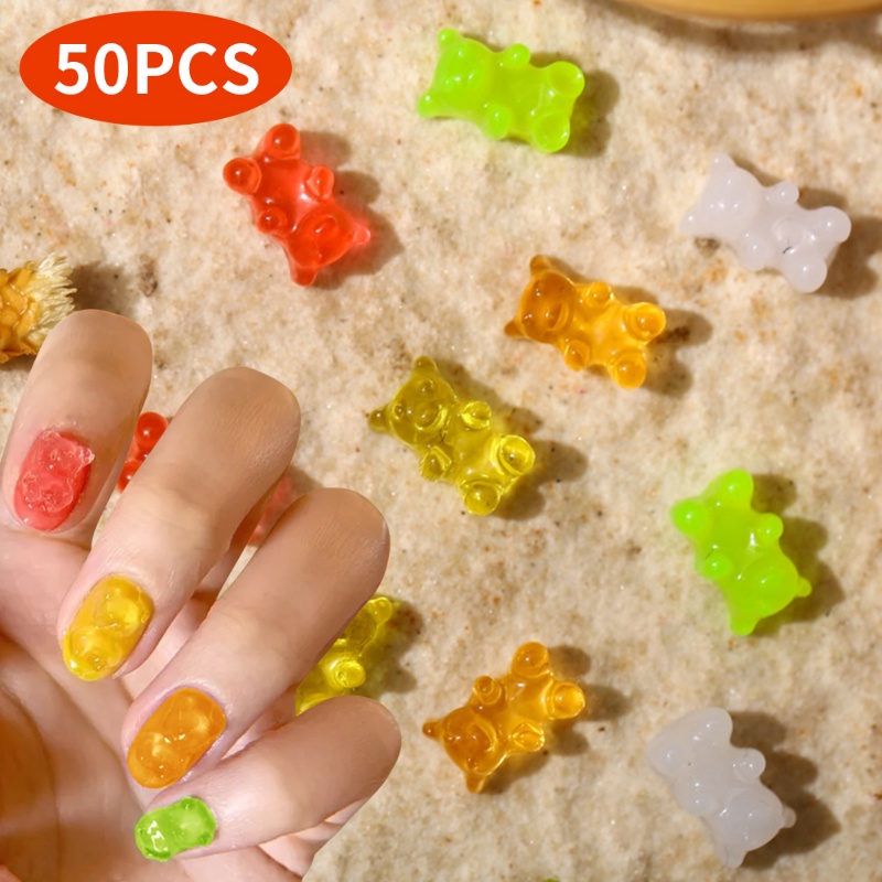 50pcs/pack 3D Kawaii Campur Jelly Beruang Nail Art Dekorasi Shiny Fashion Kartun Kuku Pesona Mewah Perlengkapan Kuku Alat Aksesoris
