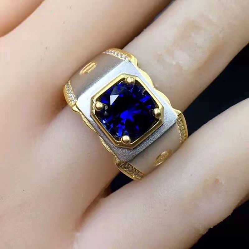 Mewah Perak Emas Pria Biru Zirkon Kristal Safir Cincin Titanium Fashion Perhiasan Pernikahan Cincin Aksesoris