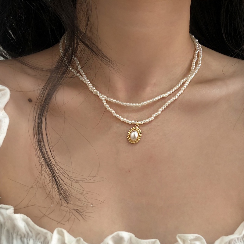 Roselife Retro Double Layer Baroque Pearl Beaded Oval Pearl Pendant Kalung Pendek Untuk Wanita Perempuan Pearl Necklace