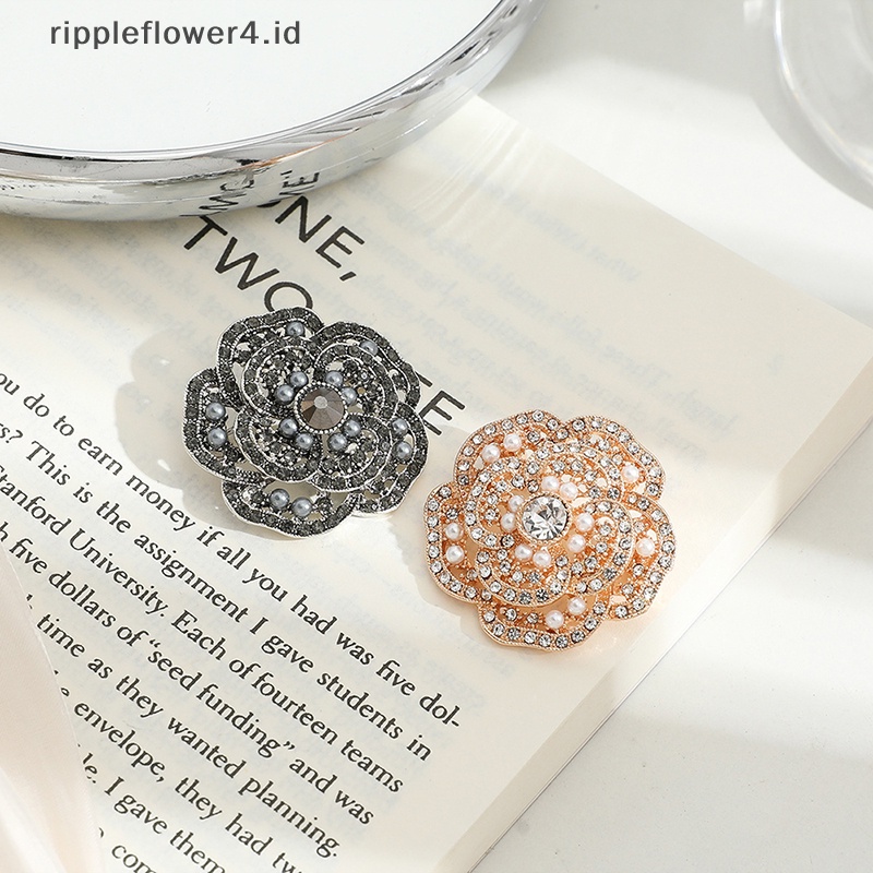 {rippleflower4.id} Indah Bros Camellia Bunga Pin Tetap Aksesoris Pakaian Anti-Cahaya Gesper Bunga Zirkon Bros~