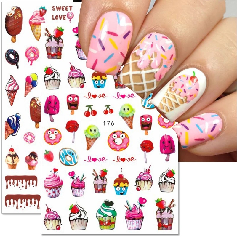 [Unggulan] 1pc Self-Adhesive 3D Tanaman Kuku Decals Ins Musim Semi Musim Panas Kaktus Serangga Kuku Stiker Warna-Warni Es Krim Manicure Decor DIY Nail Art Aksesoris Kuku Alat Kuku