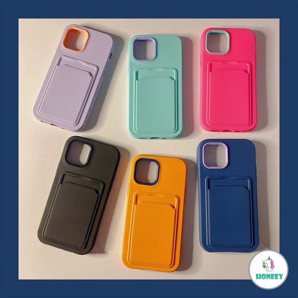 IPHONE Tas Kartu Warna Permen Casing Ponsel Untuk Iphone14 13 11 12 Pro Max XR XS X7 8 Plus Pelindung Lensa Shockproof Slot Kartu Back Cover