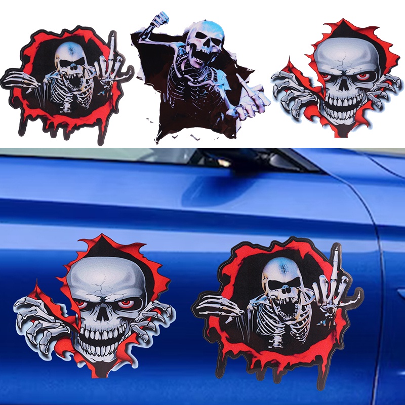 Reflektif Logam Tengkorak Mobil 3D Stiker Tahan Air Horror Tengkorak Stiker Mengintip Tengkorak Self-adhesive Tubuh PET Film Auto Decal Dekorasi