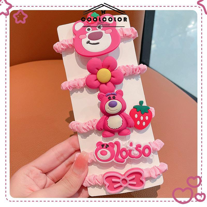 COD❤️5pcs/1 set Pita rambut beruang stroberi lucu Tali rambut kuncir kuda Aksesoris rambut elastisitas tinggi- cl
