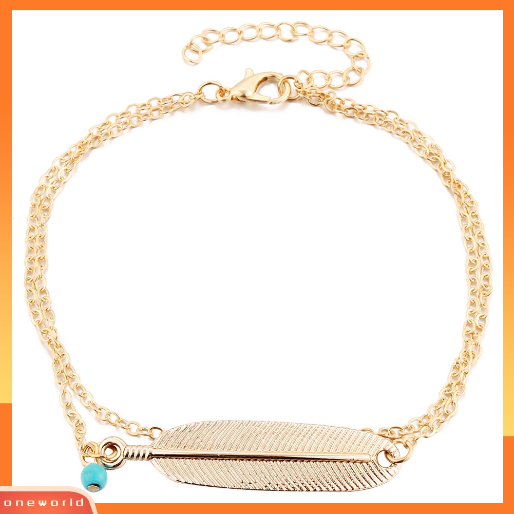 [WOD] Wanita Retro Turquoise Bead Bulu Liontin Gelang Rantai Pergelangan Kaki Barefoot Anklets