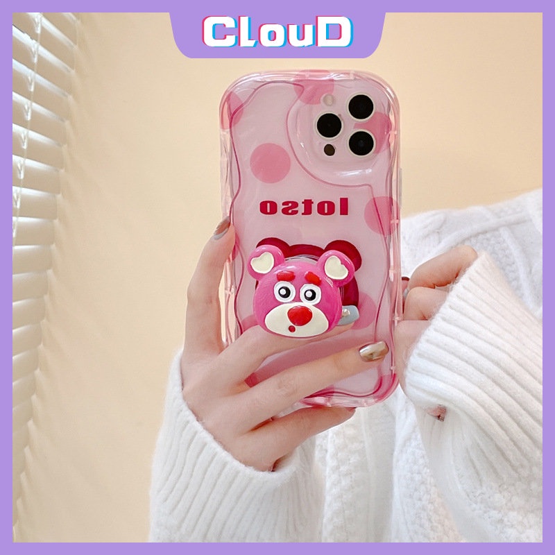 Casing Holder Handphone Untuk Redmi Note10 Pro Max 10s 8 11s 11 9 12 POCO M3 Redmi A1 9T 9 A2 10 9A 10C 10A 9C NFC Kartun Beruang Strawberry Lucu Manyo Dengan Bracket 3D Wavy Curved Edge Case