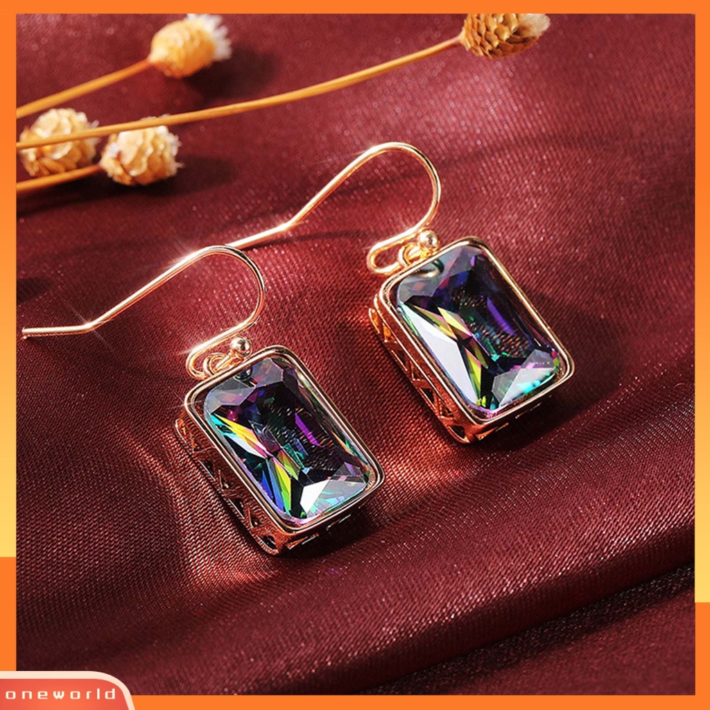 [WOD] 1pasang Shiny Luxury Drop Earrings Copper Multicolor Cubic Zirconia Anting Kait Perhiasan Pesta