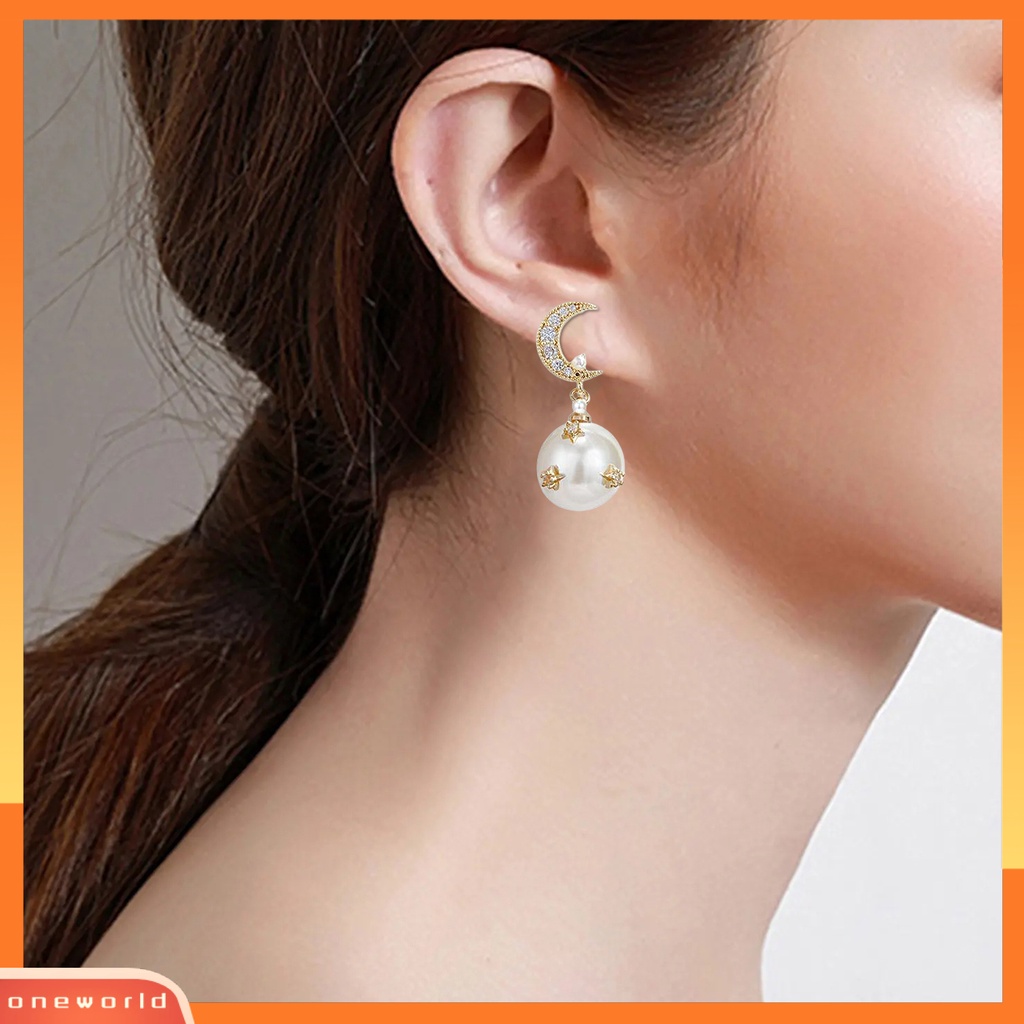 [WOD] 1pasang Anting Menjuntai Shiny Asymmetric Ear Decoration Gaya Korea Anting Temperamen Mutiara Imitasi Bintang Dan Bulan Untuk Pacaran