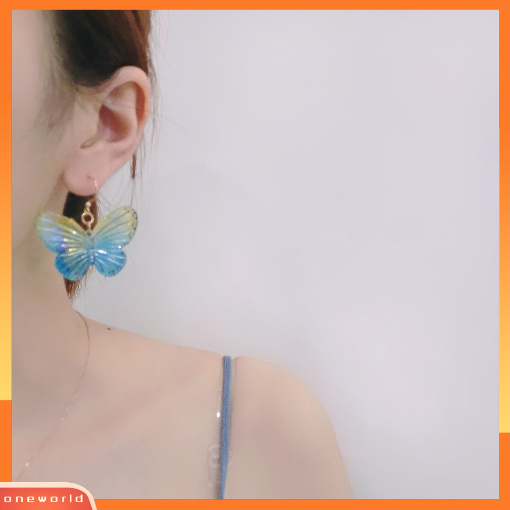 [WOD] 1pasang Tindik Warna Gradien Gadis Anting Akrilik Transparan Kupu-Kupu Drop Hook Earrings Perhiasan Aksesoris