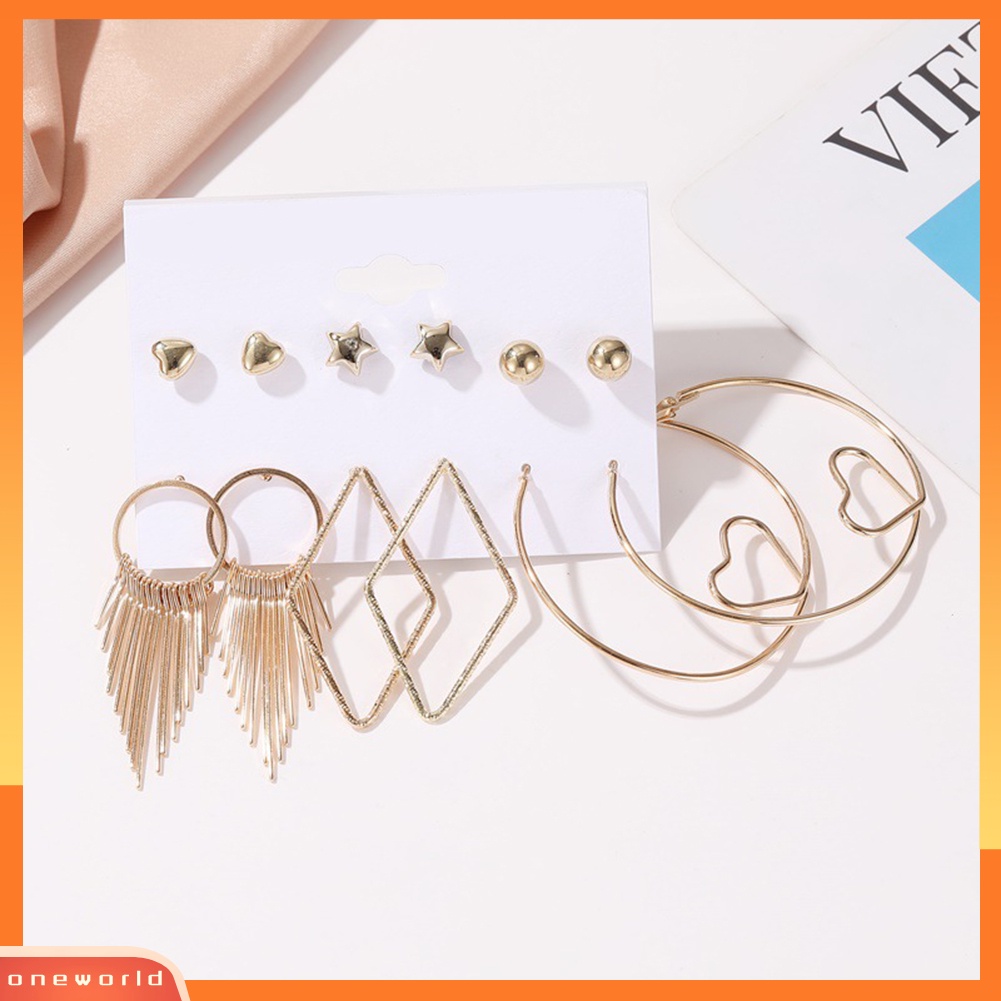 [WOD] 6pasang Wanita Mutiara Imitasi Bulat Geometris Menjuntai Ear Stud Hoop Earrings Jewelry