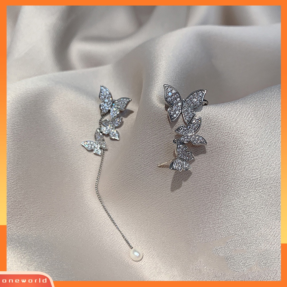 [WOD] Fashion Wanita 3-Butterfly Berlian Imitasi Asimetris Menjuntai Stud Earrings Jewelry