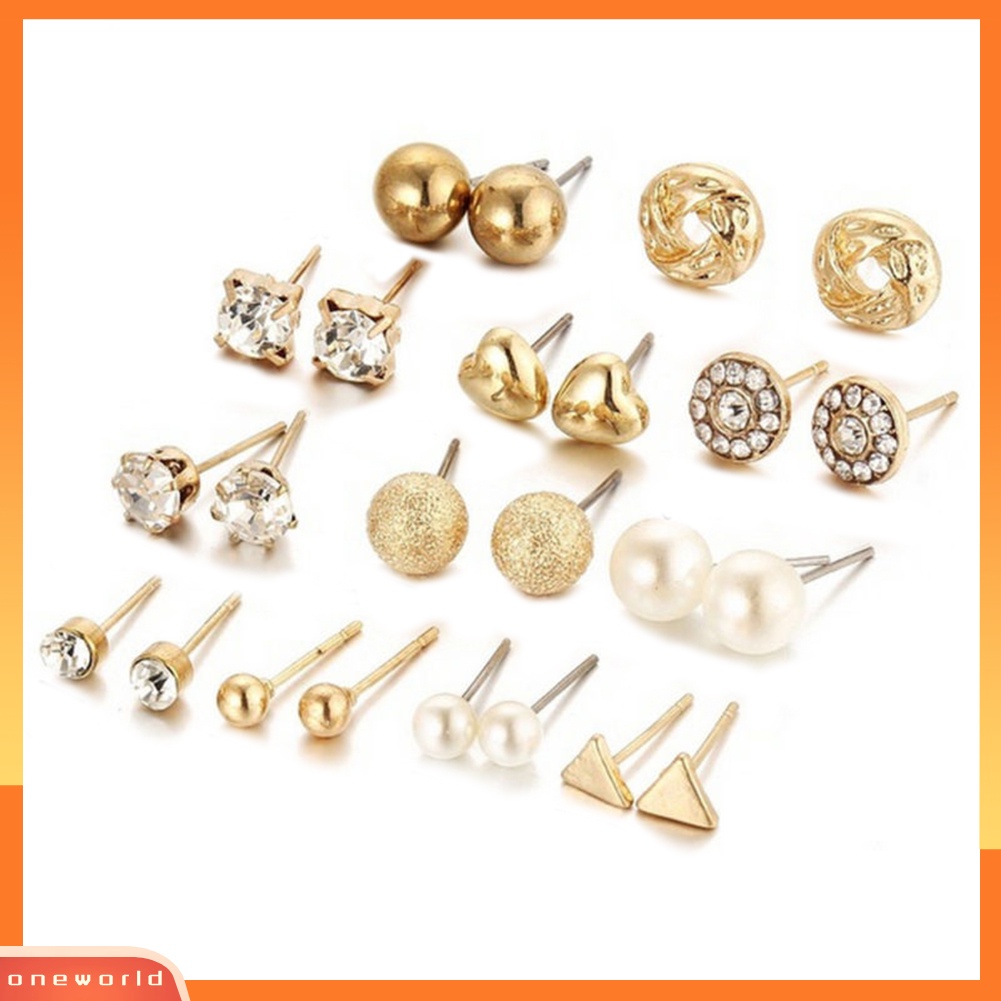 [WOD] 6 /9 /12Pasang Fashion Wanita Berlian Imitasi Mutiara Imitasi Ear Studs Earrings Set Hadiah
