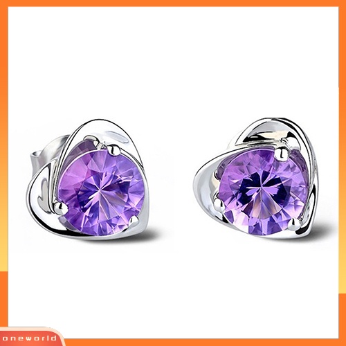 [WOD] Wanita Cinta Hati Ungu Berlian Imitasi Perak Disepuh Ear Studs Earrings