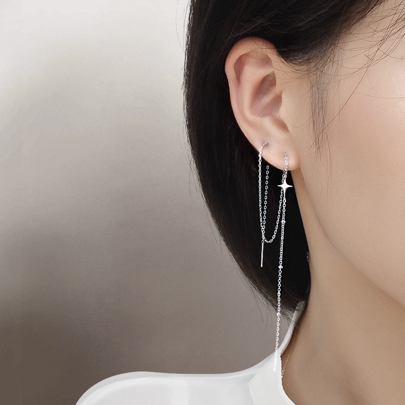 Anting Panjang Bintang Jepang Korea Berujung Empat Desain Unik Sederhana Niche Anting Temperamen