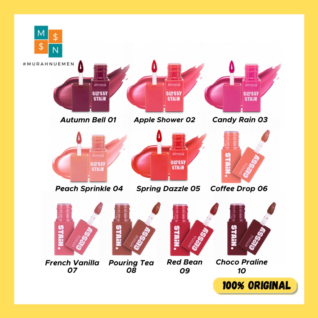 Emina Glossy Stain 01 Autumn Bell | 02 Apple Shower | 03 Candy Rain | 04 Peach Sprinkles | 05 Spring Dazzle | 06 Coffee Drop | 07 French Vanilla | 08 Pouring Tea | 09 Red Bean | 10 Choco Praline