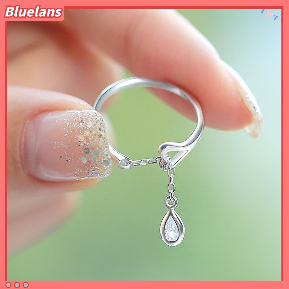 [BLS] Rantai Adjustable Teardrop Cubic Zirconia CZ Berongga Jantung Pembukaan Jari Cincin