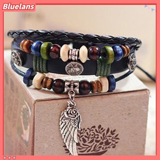 [BLS] Unisex Vintage Multilayer Faux Kulit Sayap Pesona Manik-Manik Kayu Gelang Bangle