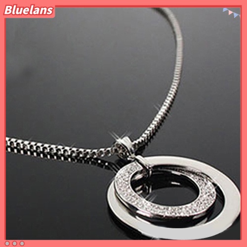 [BLS] Fashion Wanita Kotak Rantai Berlian Imitasi Bulat Lingkaran Liontin Sweater Kalung Perhiasan