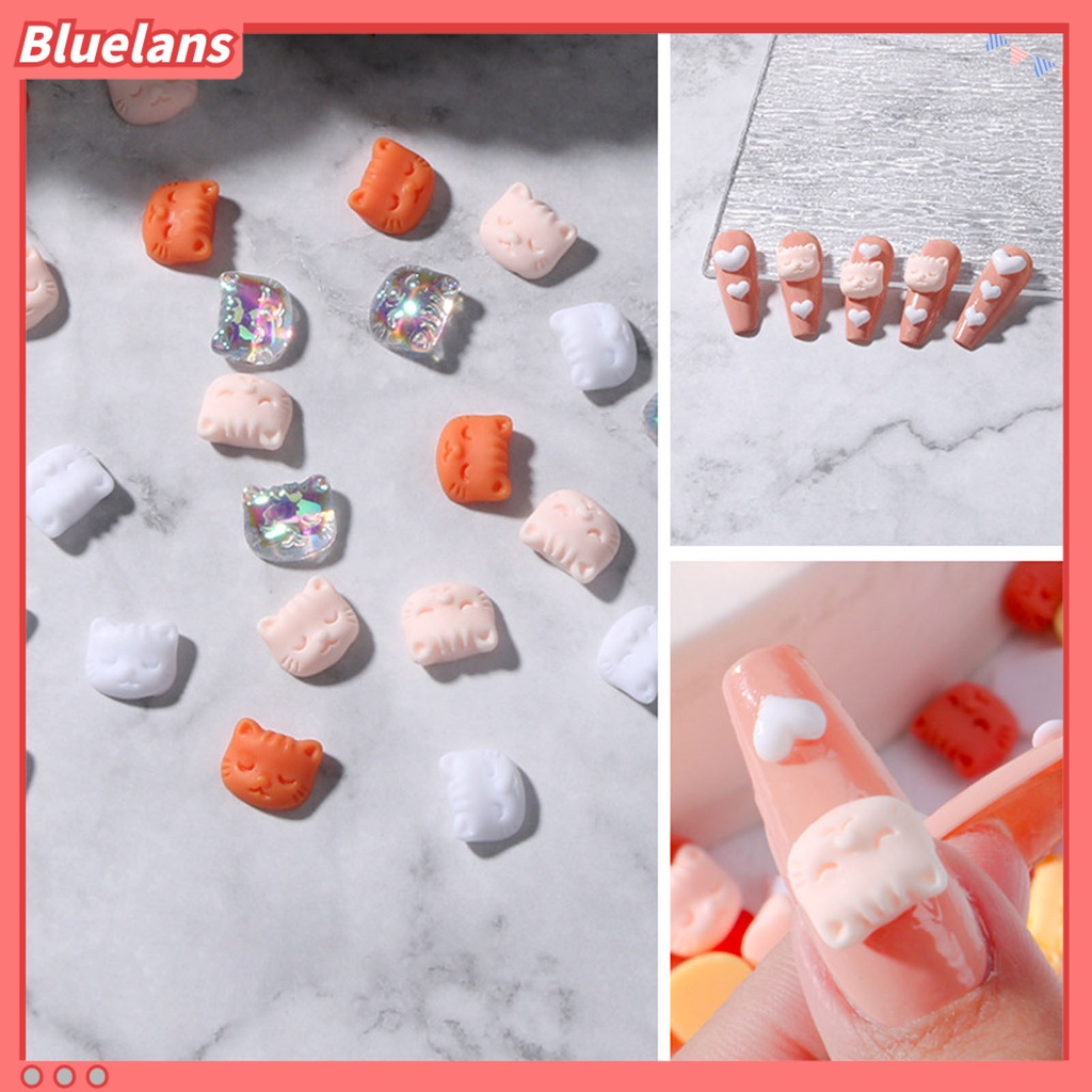 [BLM] 30pcs /Set Ornamen Kuku Efek 3D Tidak Luntur Warna-Warni Kepala Kucing Kuku Berlian Gaya Peri Dekorasi Untuk Wanita