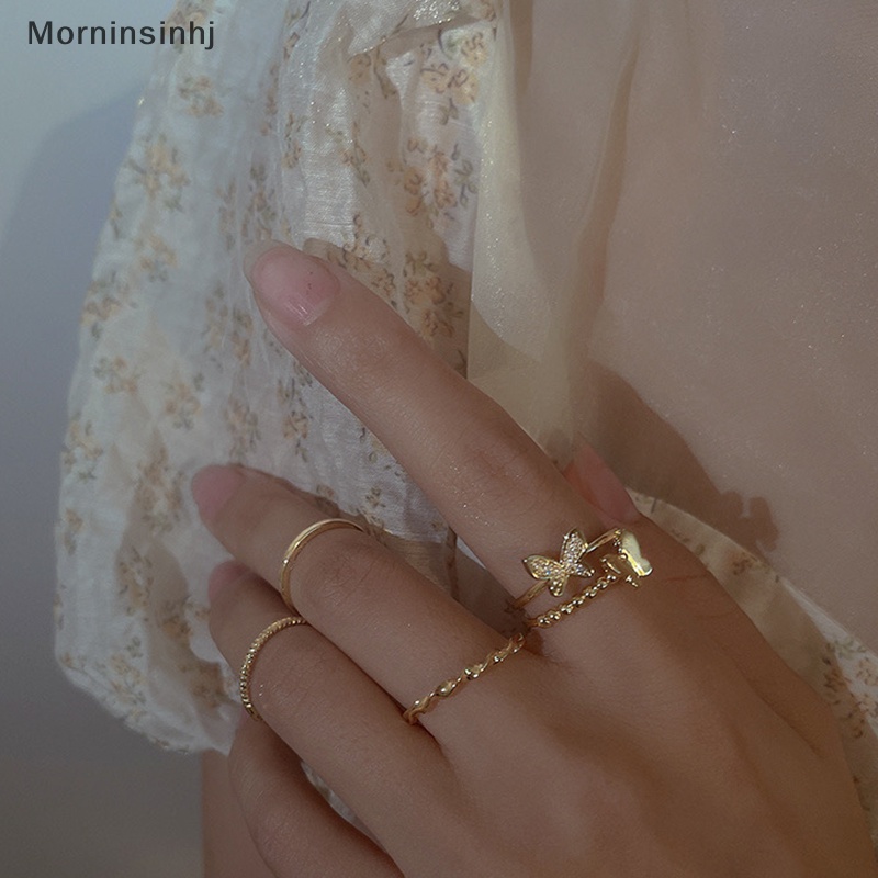 Mornin 4PCS Set Cincin Kupu-Kupu Lingkaran Polos Warna Silver Opening Adjustable Fashion Cincin Jari Pribadi Untuk Wanita Perhiasan Trendi id