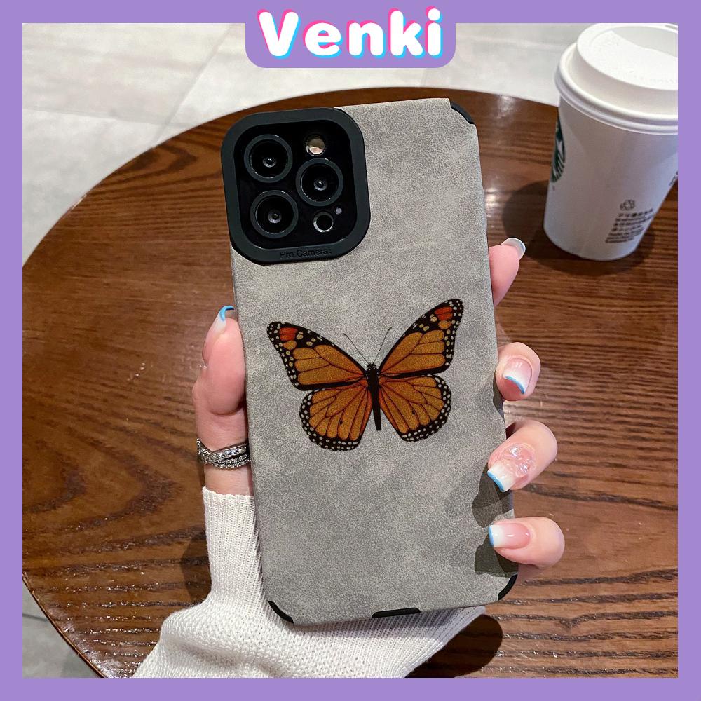 VENKI - Untuk iPhone 11 Case Leather Pupil Suede Cover Soft Shockproof Case Camera Simple Yellow Butterfly Kompatibel dengan iPhone 14 13 Pro max 12 Pro max xr xs 7Plus 8Plus