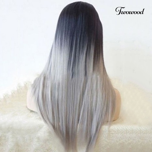 Twowood Wanita Seksi Panjang Lurus Wig Rambut Tahan Panas Hitam Ombre Abu Wig Pesta