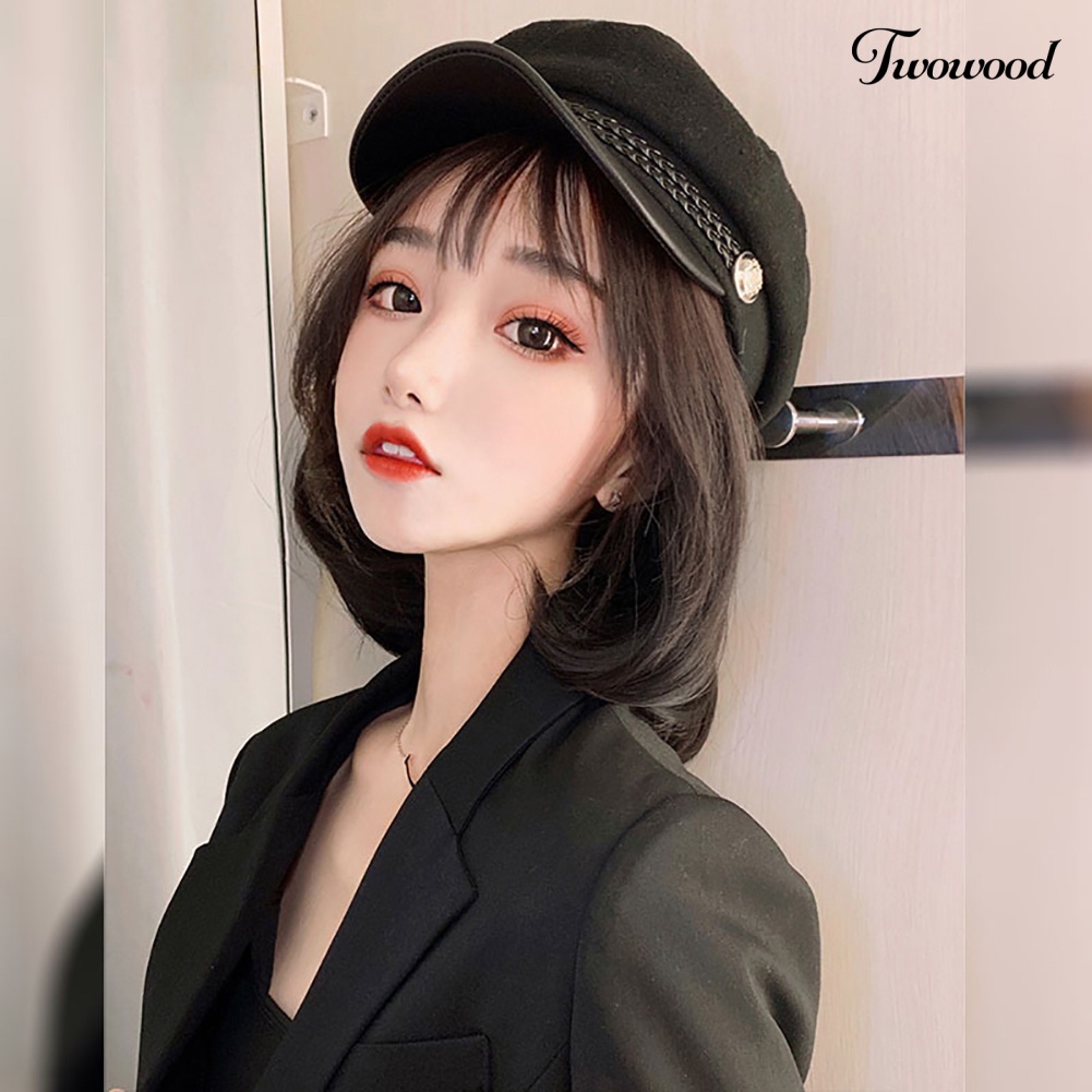 Twowood Wanita Bergaya Bob Lurus Pendek Wig Sopak Rambut Ekstensi Dengan Topi Muncak