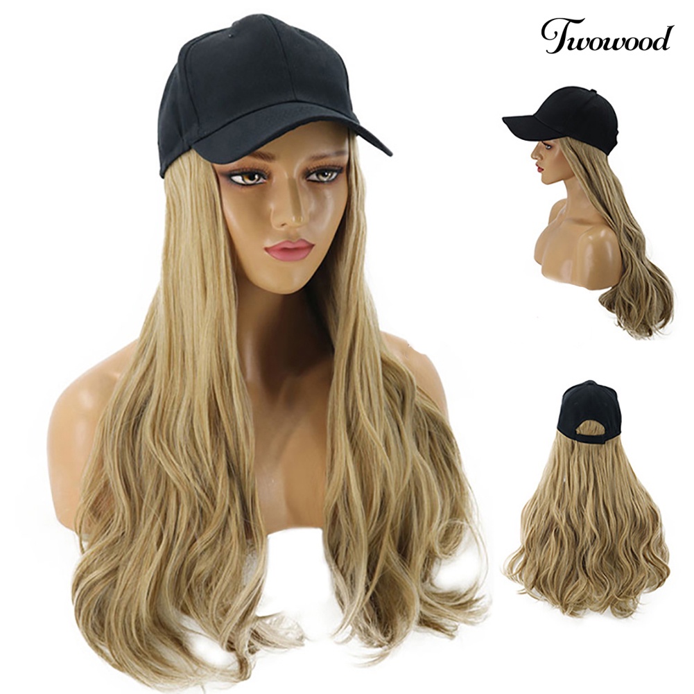 Twowood Wanita Gelombang Panjang Wig Sopak Rambut Sintetis Ekstensi Dengan Topi Baseball Cap