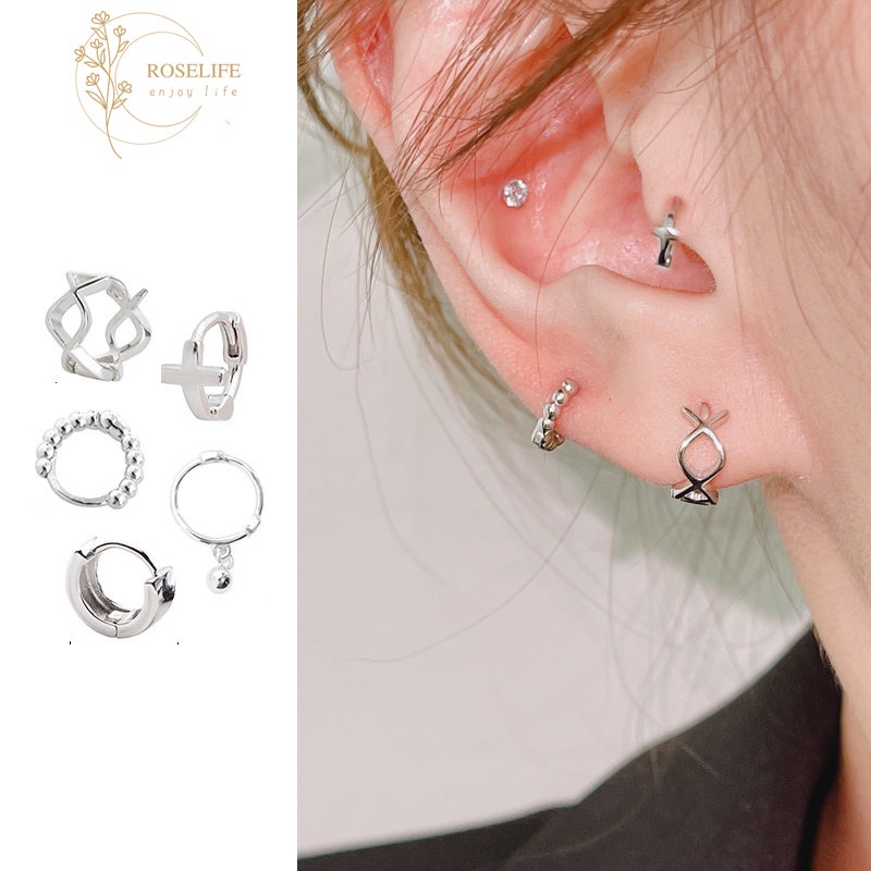 Roselife Unisex 1PC Punk S925 Perak Geometris Salib Belah Ketupat Kisi Twist Hoop Earrings Untuk Wanita Perempuan Sederhana Fashion Lingkaran Bulat Tindik Tulang Rawan Anting-Anting Perhiasan Aksesoris