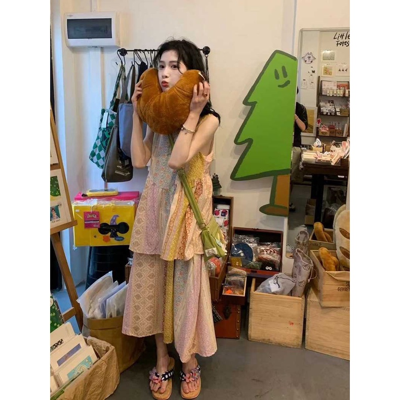 Women's French retro chic ethnic floral panels, soft cotton vest suspenders, skirts