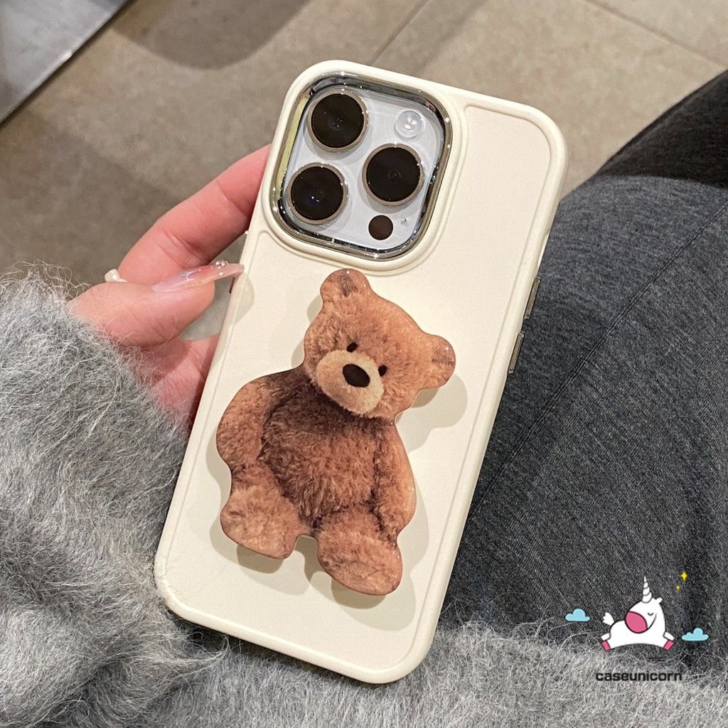 IPHONE Kompatibel Untuk Iphone7 8 Plus XR 11 13 14 12 Pro MAX X XS MAX Warna Solid Bingkai Lensa Logam Plating Sederhana Soft Cover Dengan Kartun Lucu Puppy Bear Fries Pisang Aksesoris Bracket