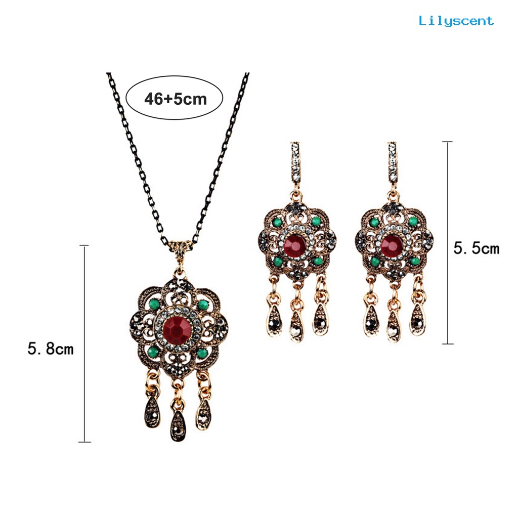 [LS]1 Set Wanita Kalung Gaya Etnik Berlian Imitasi Berongga Tetesan Air Jumbai Bohemian Retro Klavikula Kalung Stud Anting Kit Fashion Perhiasan