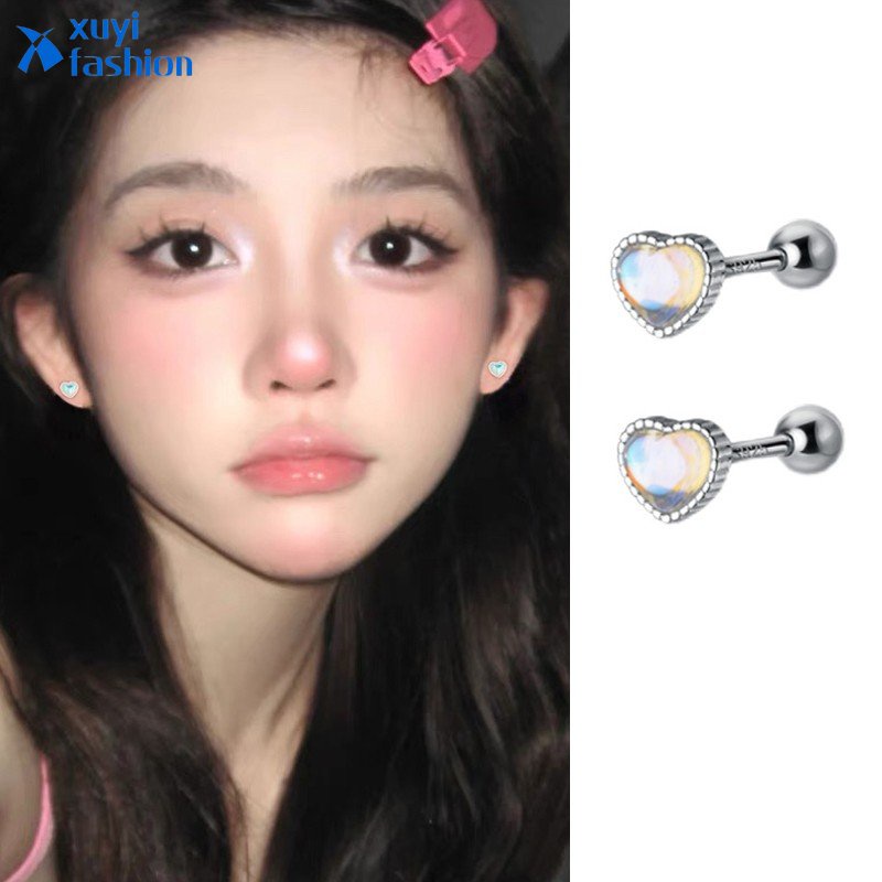 Anting Perak Hati Moonstone Y2K Kristal Stud Earring Untuk Wanita Fashion Perhiasan Aksesoris