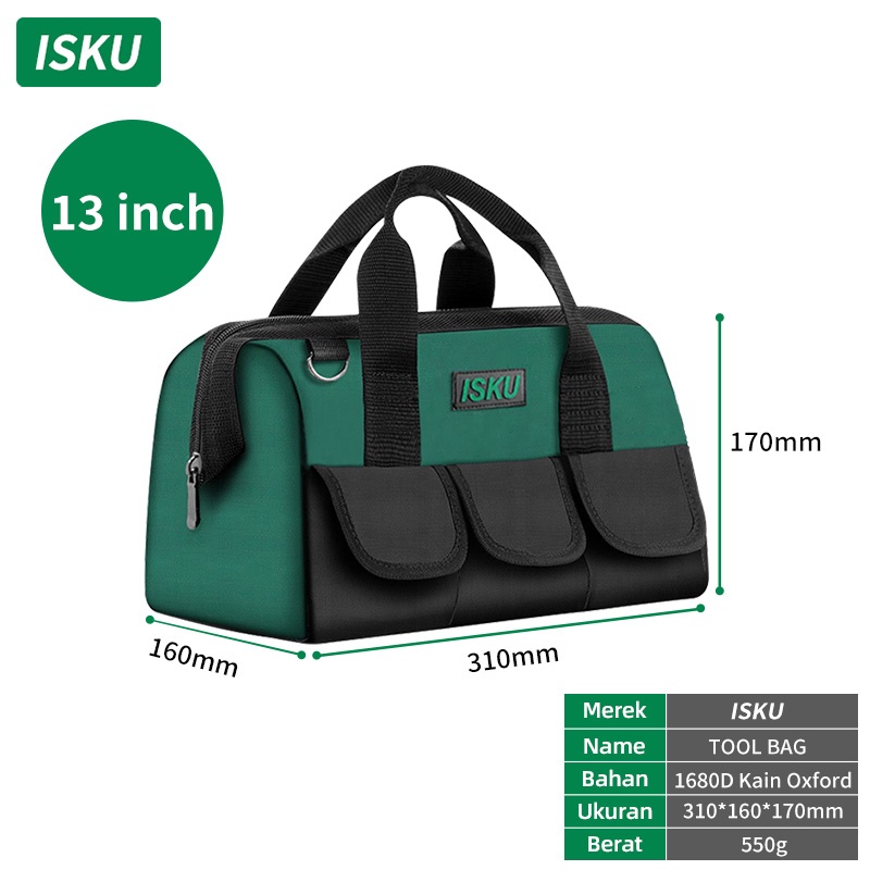 ISKU Tool Bag Besar ukuran 13 16 18 inch 1680D Tas Perkakas  Kain Oxford  Anti air