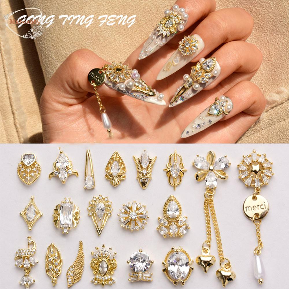 Mxbeauty 3D Kuku Berlian Imitasi Emas Shiny Charms Rose Flower Diamond Zircon Kristal Liontin Rantai