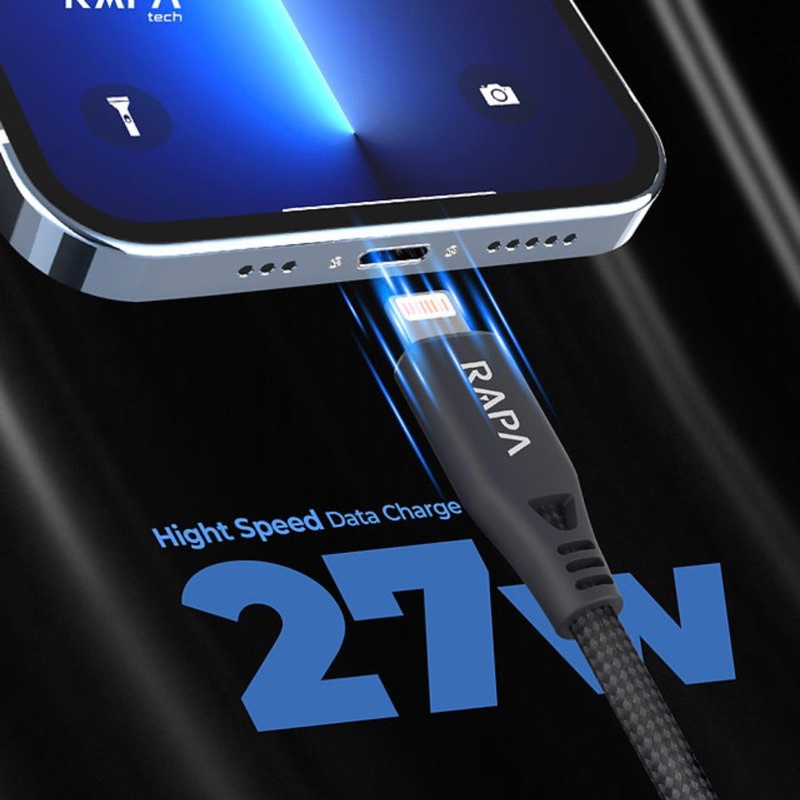 ORIGINAL RAPAtech DATA CABLE USB C TO LIGHTNING PD FAST CHARGING UP TO 27W MFI KABEL DATA TYPE C TO IPHONE 11 12 13 14 PRO MAX (DC-3034) original bergaransi