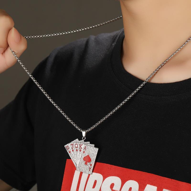 Pria Retro Warna Perak Poker Beruntung Ace of Spades Kalung Baja Titanium Panjang Punk Kalung Pernyataan Perhiasan