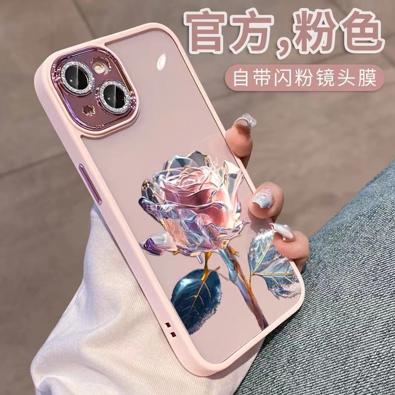 IPHONE Bling Glitter Pelindung Kaca Lensa Kamera Es Ukir Mawar Ponsel Transparan Case Cover Pelindung Untuk Iphone11 12 13 14 PLUS PRO MAX