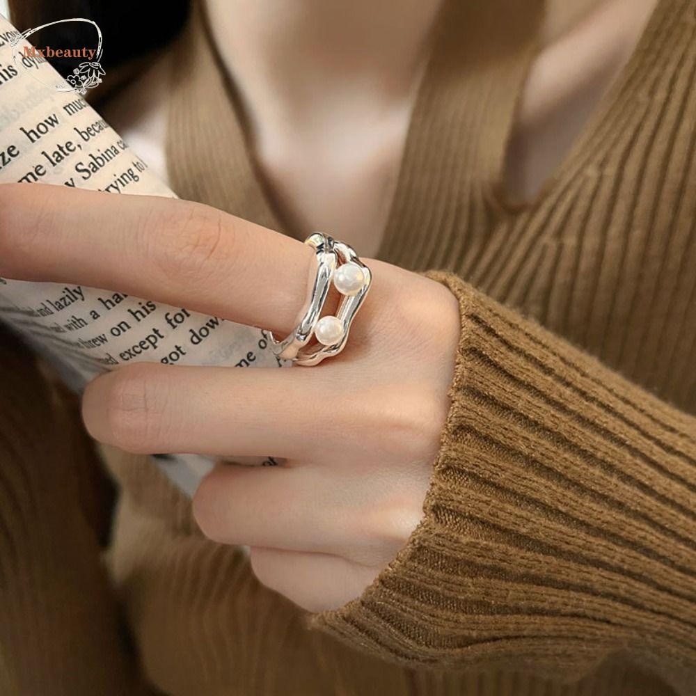 Mxbeauty INS Mutiara Cincin Unik Vintage Gold Plating Hadiah Teman Terbaik Hadiah Hari Valentine Cincin Pasangan Perhiasan Gaya Korea