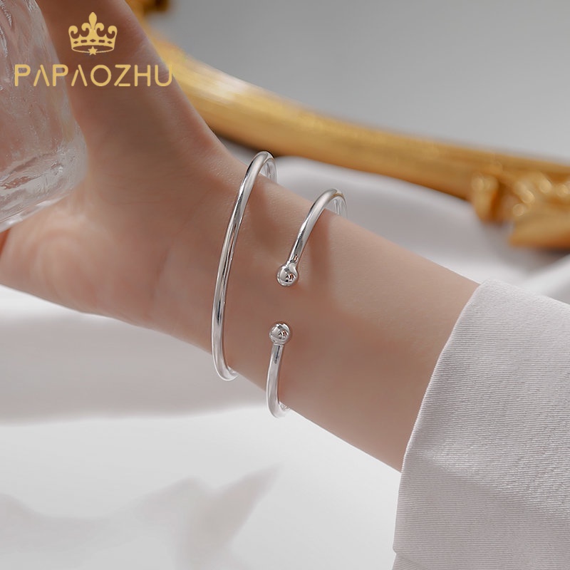 Papaozhu Chic Glossy Perak Adjustable Bangle Terbuka Gelang Untuk Wanita Pria Sederhana Fashion Pergelangan Tangan Manset Gelang Perhiasan Unisex Gelang