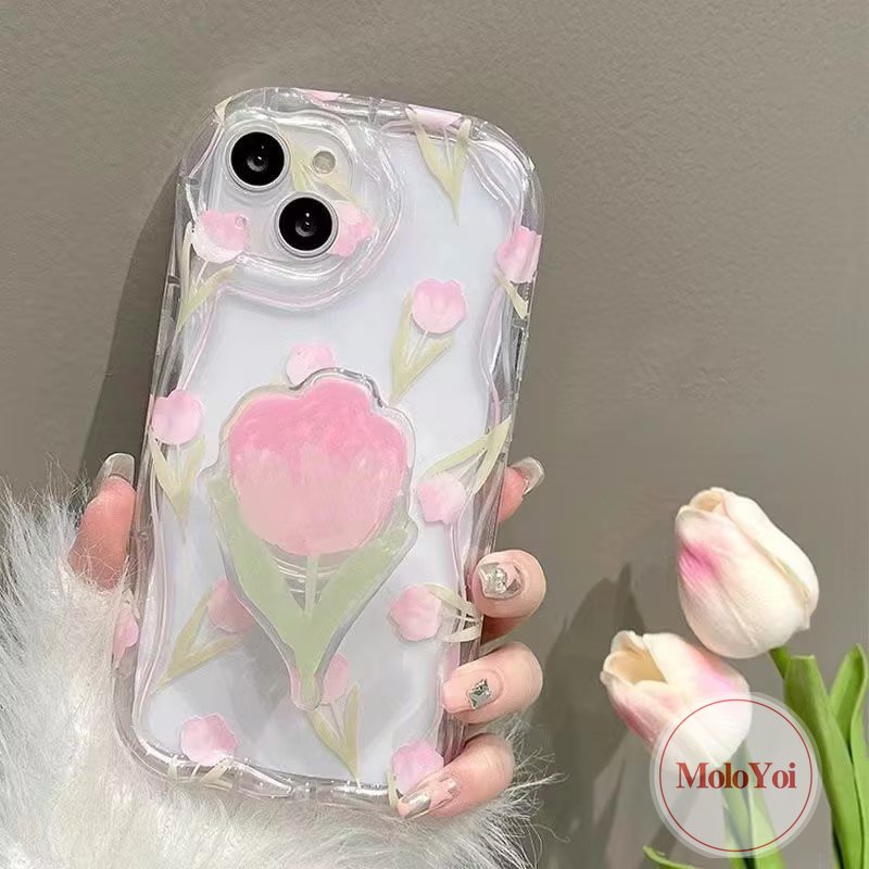 3d Wavy Curved Edge Fresh Flowers Tulip Case Kompatibel Untuk iPhone XR XS X Max11 12 14 13 Pro Max7 6 6s 8 Plus SE 2020 Stand Phone Bunga Dengan Braket Bunga Soft Cover