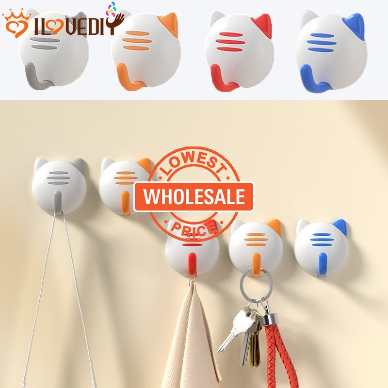 [Harga Grosir] Tempat Kalung Kunci Hemat Ruang/Rak Gantung Benda Bantalan Beban Kuat/Rak Penyimpanan Sikat Handuk Anti Lembab/Kait Tanpa Jejak Kucing Kartun Yang Lengket Sendiri