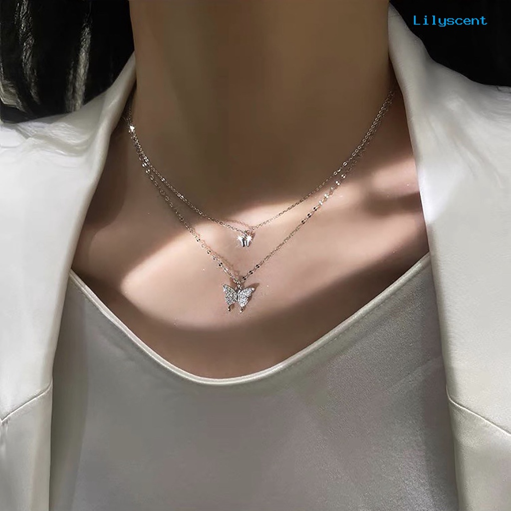 [LS]Kalung Wanita Lapis Ganda Bentuk Kupu-Kupu Berlian Imitasi Portable Lady Pendant Untuk Hadiah