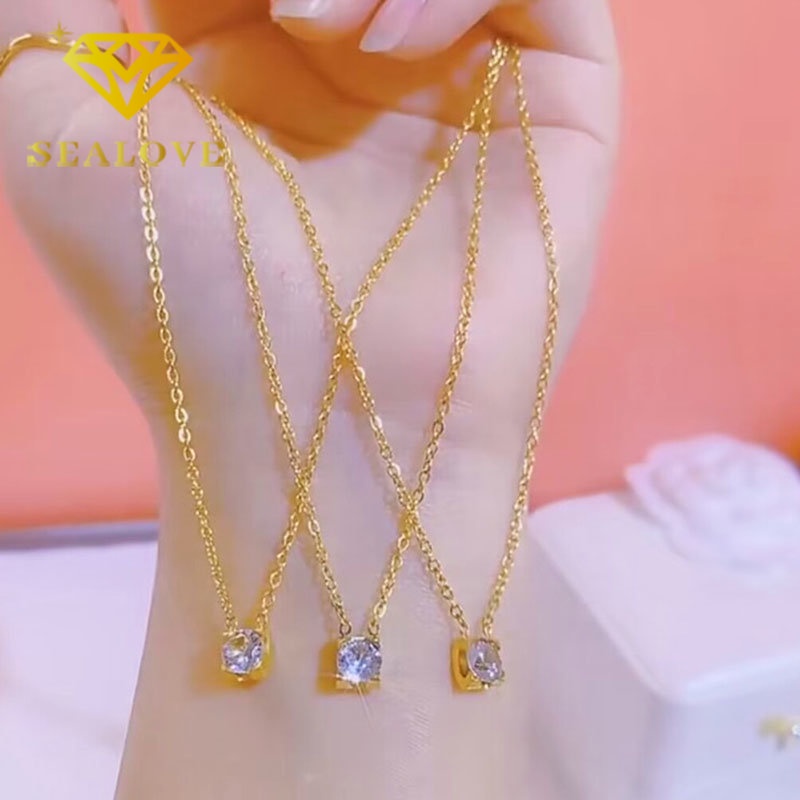 Kalung Titanium Permata Satu Berlian Emas 18K Anti Karat Aesthetic Cantik Korea Aksesoris Wanita Perhiasan