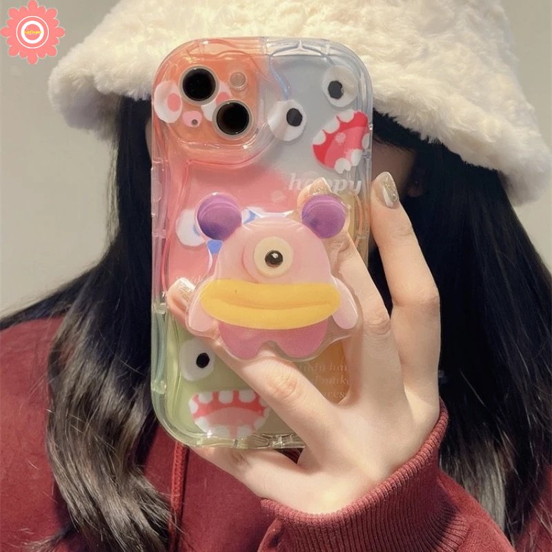 IPHONE Kartun Lucu Monster Kecil Holder Case Kompatibel Untuk Iphone11 7Plus XR 13 14 12 Pro Max 8 7 6 6s Plus X XS Max Se2020 3D Wavy Curved Edge Soft Case Dengan Bracket Stand Lucu