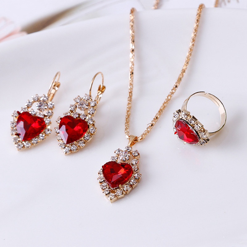 Kalung Liontin Anting Cincin Set Untuk Wanita Gadis Fashion Berlian Imitasi Cinta Hati Kristal Perhiasan Leher Rantai Telinga Cincin Emas Pribadi Penuh Berlian Klip Telinga Hadiah Untuk Her
